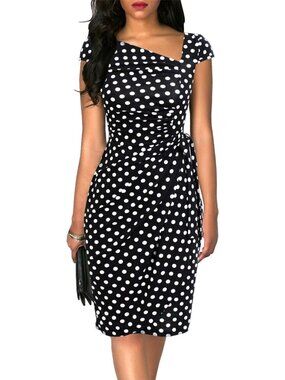 Women's Retro Cap Sleeve Knee-Length Sheath Black Dot Bodycon Faux Wrap Dress